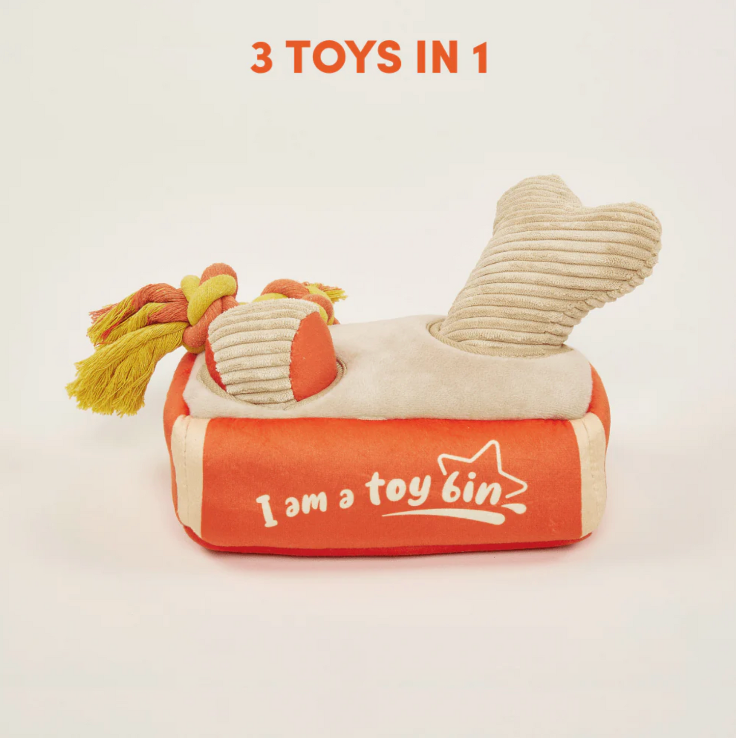 Hide & Seek Toy Bin Dog Toy | Ball, Bone, Rope & Puzzle Box