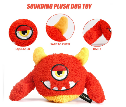 Q Treasure Monster - Red | Monster Plush Giggle Ball Squeaky Crazy Bouncer Dog Toy